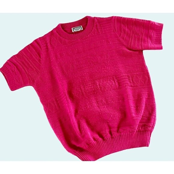 Vintage 1980s KENETH TOO! Pink Short Sleeve Patterned Sweater Size Small - Picture 1 of 8